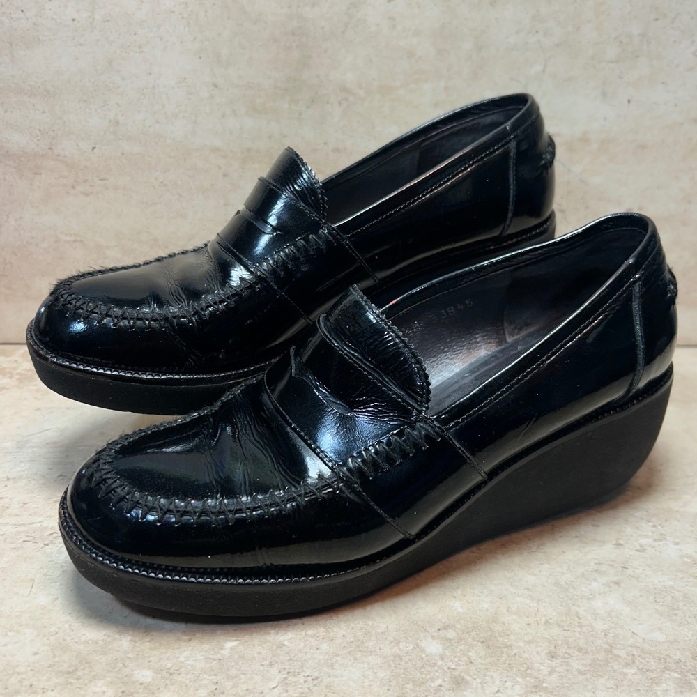 Donald J Pliner NIA2 Black Patent Leather Wedge Penny Loafers Spain Womens 7.5M